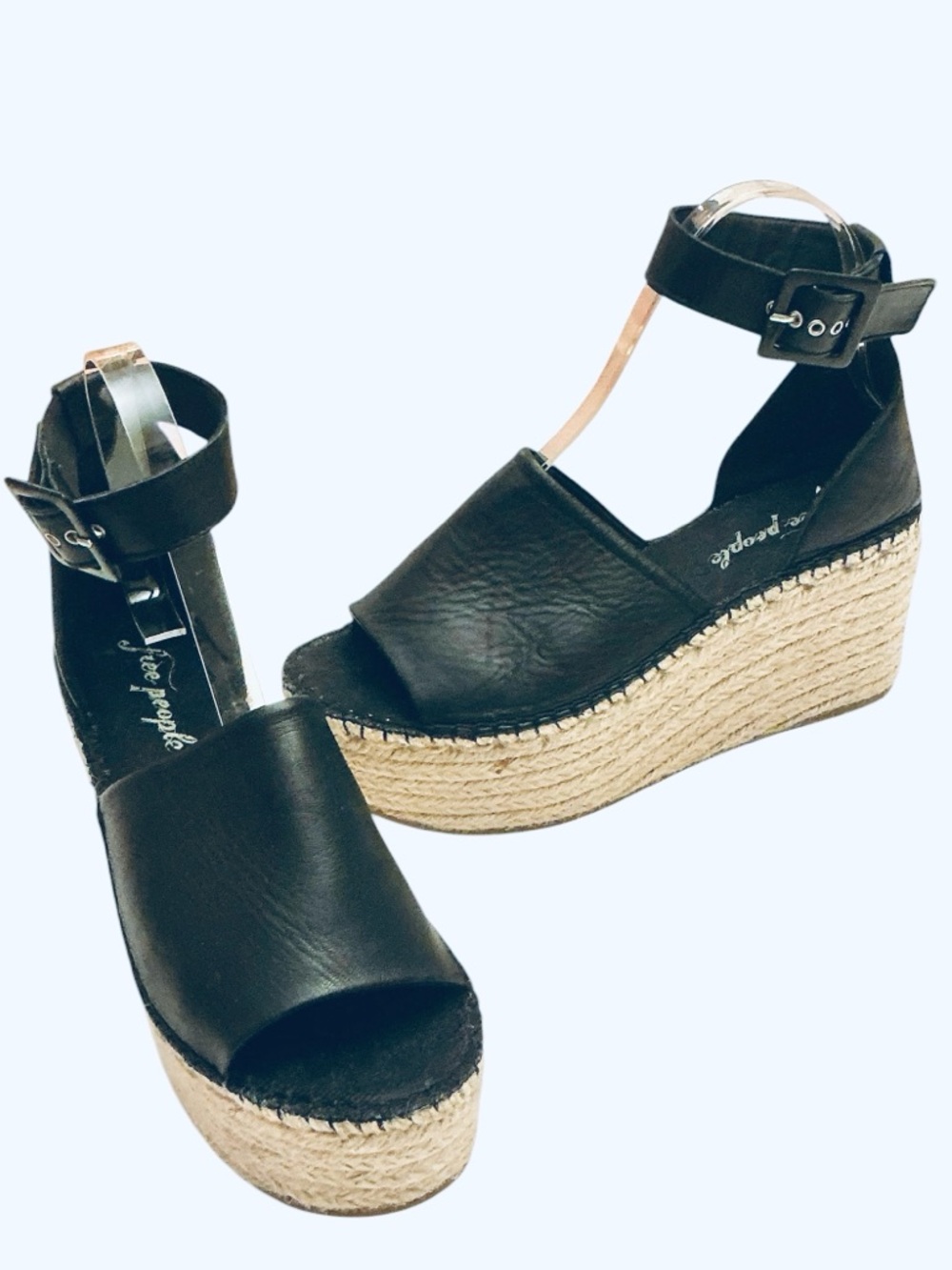 Free People Costal Black Leather Platform Wedge Espadrille Boho Sandal Sz 38/7.5